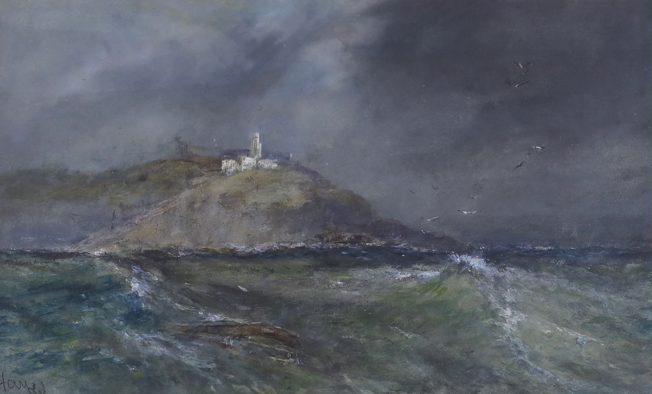 Edwin Hayes (1830-1904), heightened watercolour, Coastal landscape with castle ruins, signed, 27 x 44cm